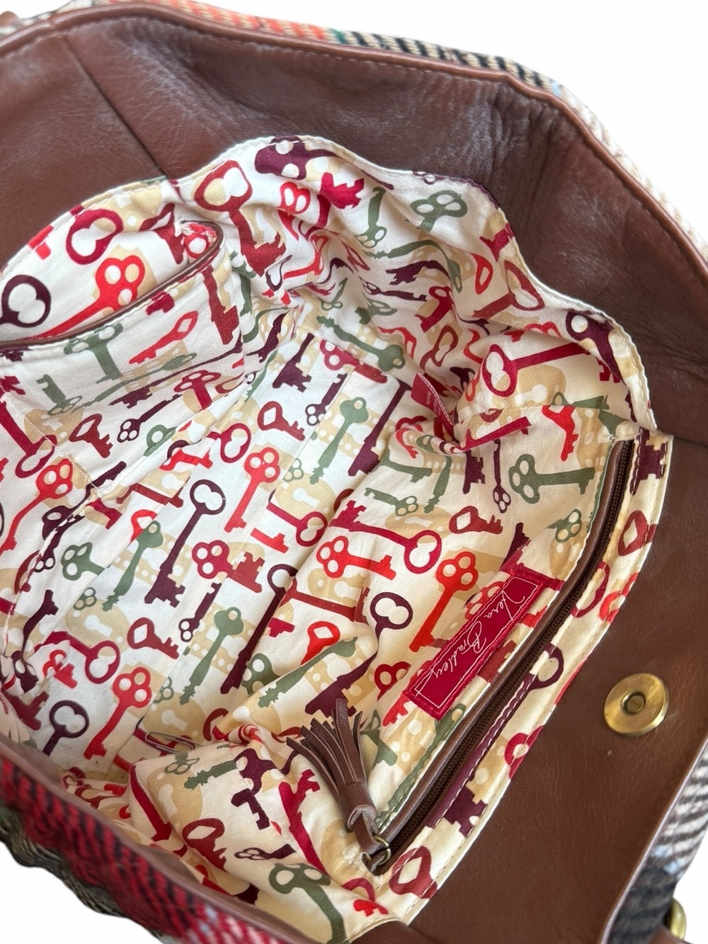 Vera Bradley Red Plaid Wool & Brown Leather Shoulder Bag - Picture 8 of 10